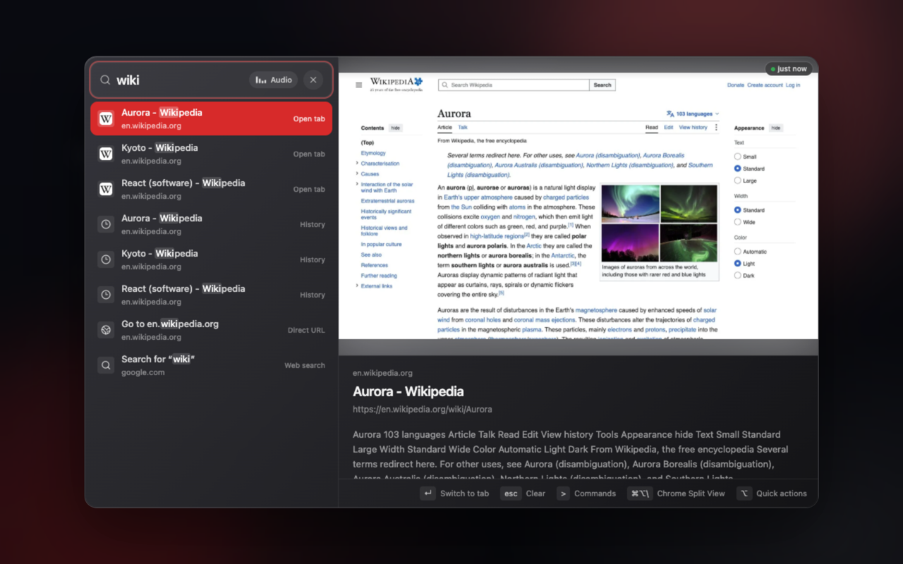 TabKnight universal search showing tabs, history, a direct URL, and web search